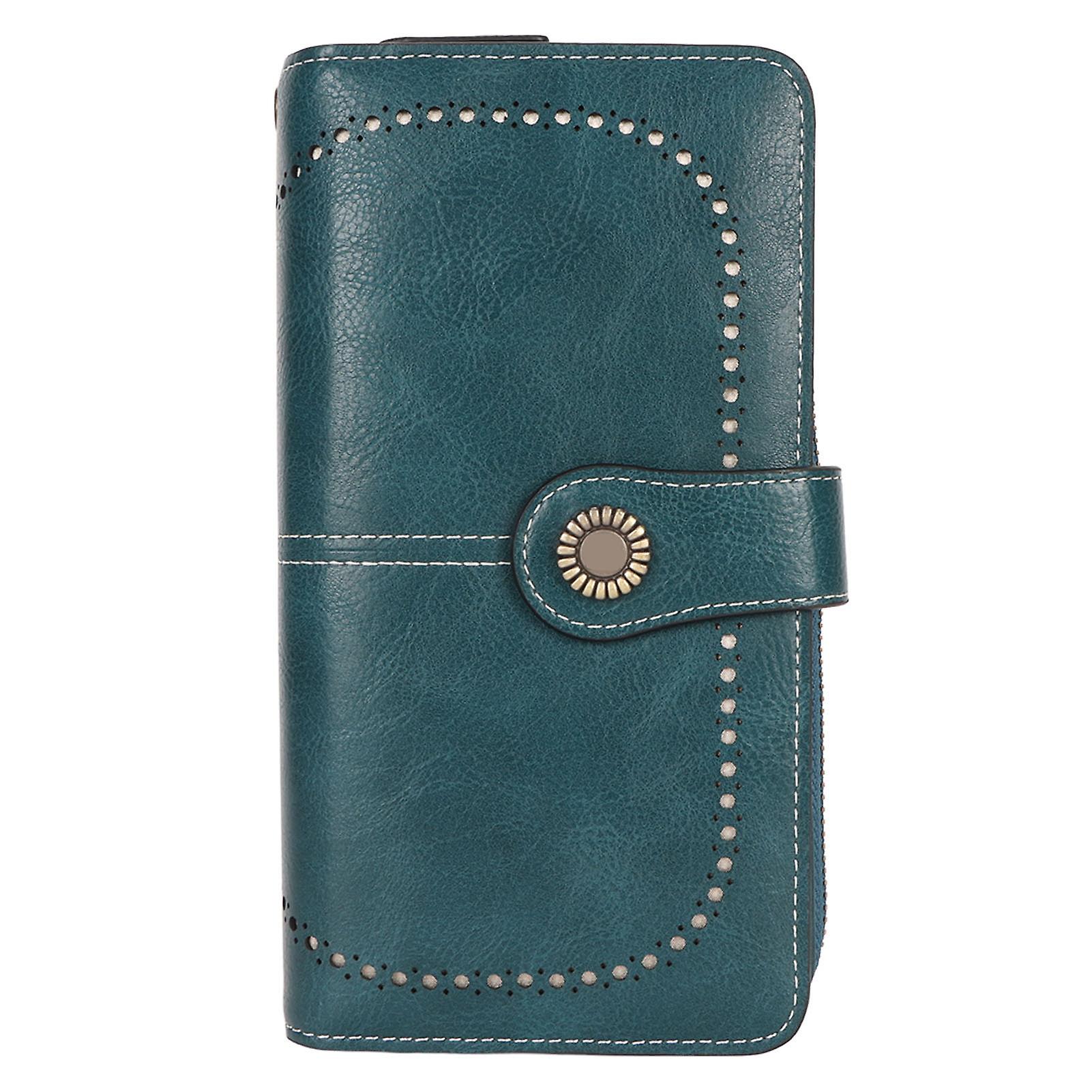 RFID Blocking Leather Wallet Large Capacity Double Snap Button Women Wallet with Removable Wrist Strap Peacock Blue 