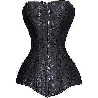 Women's 26 Steel Boned Cotton Long Torso Hourglass Body Shaper Corset Satin Black