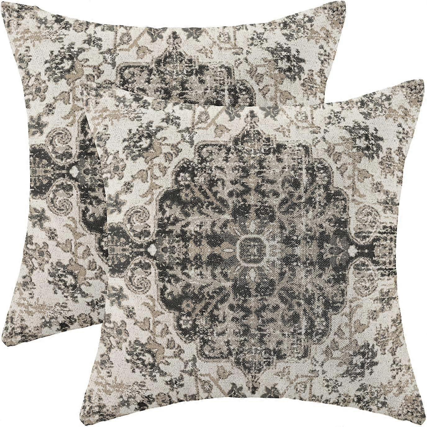 自由奔放に生きる枕カバー20x20インチ2個セット、カーペットパターンスロー枕ケース、ブラック、ホワイト、グレー、エスニックデザイン、屋外装飾、正方形、リネン、農家、デコ