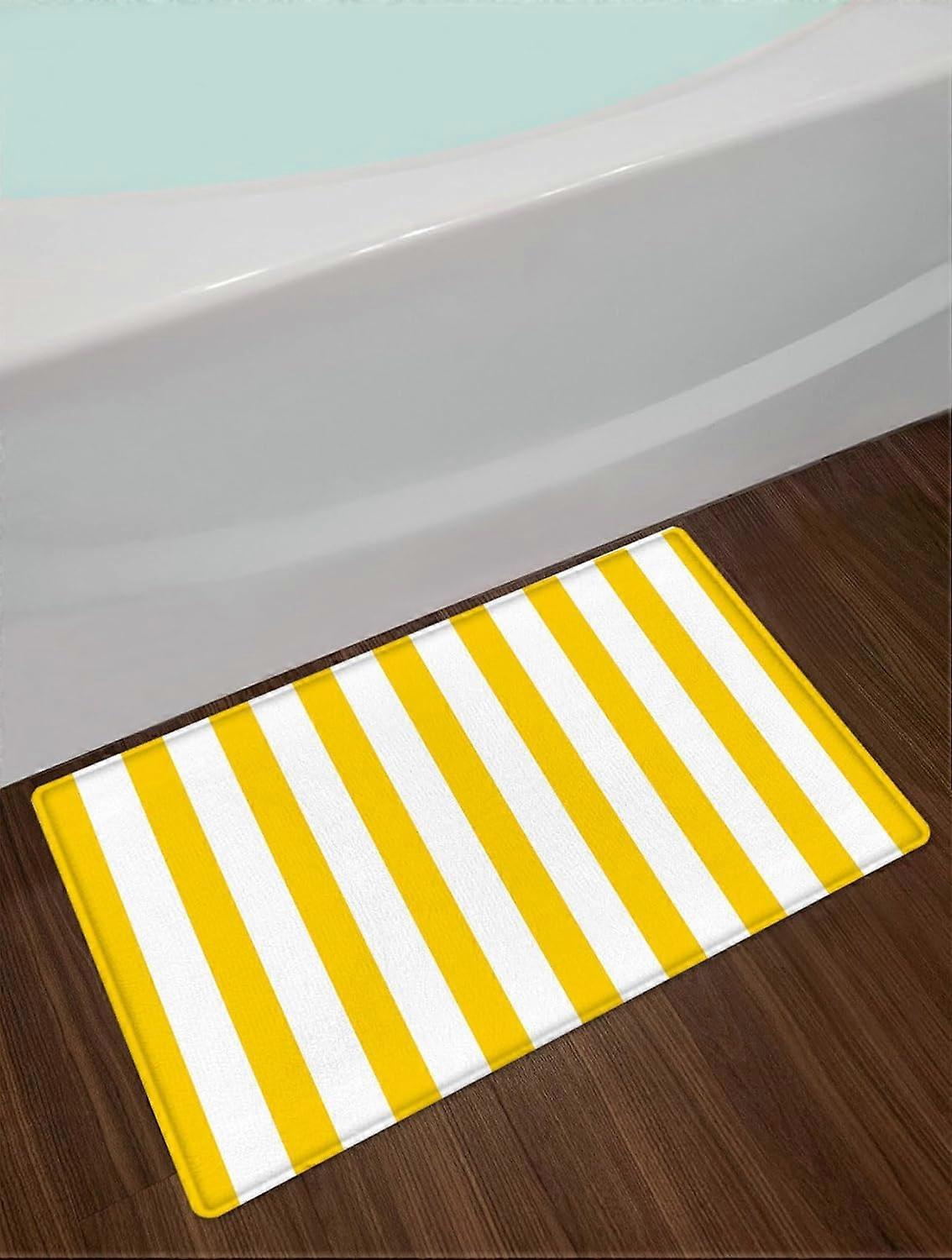 White and Yellow Striped Shower Curtain Sets with Rugs Geometric Patterns Vertical Stripe Fabric ...