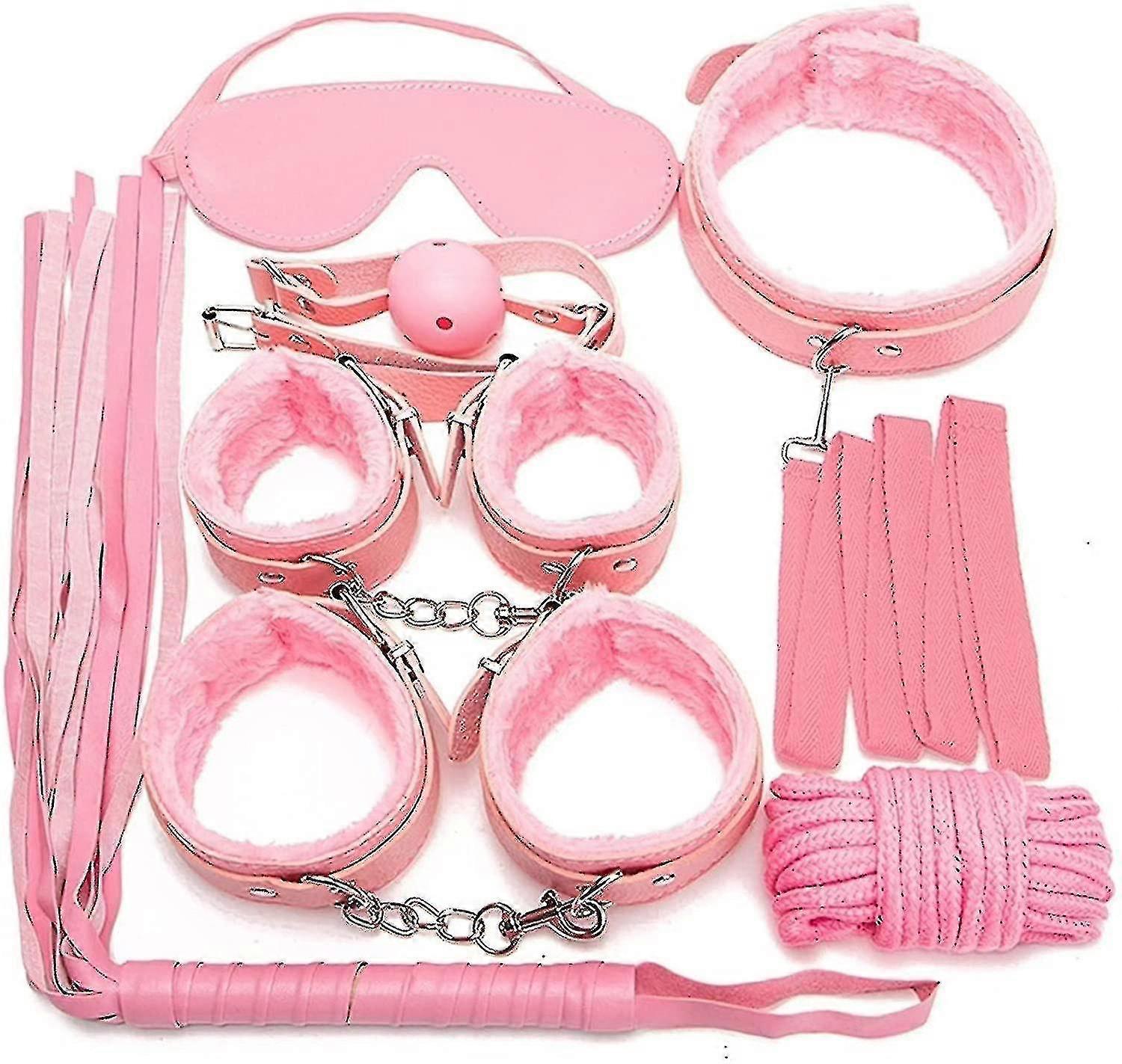 7pcs/set Leather Bodaged Kit Adlt Explay Hndcffs/whps/ball Gg/rope/collr Bdm
