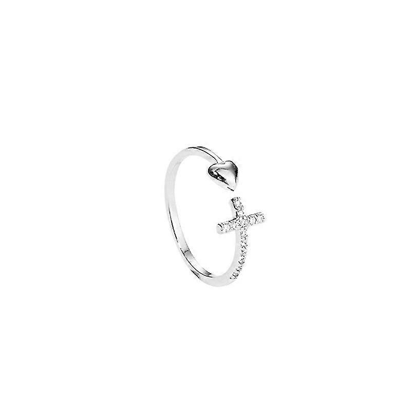 Silver Heart-shaped Cross Ring With Open Heart And Diamonds