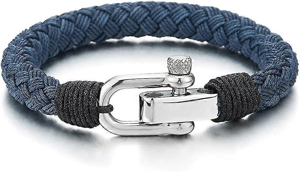 Grande corde en coton tressé bleu Hommes Femmes Acier inoxydable Vis nautique Ancre Shackle Wrap Bracelet