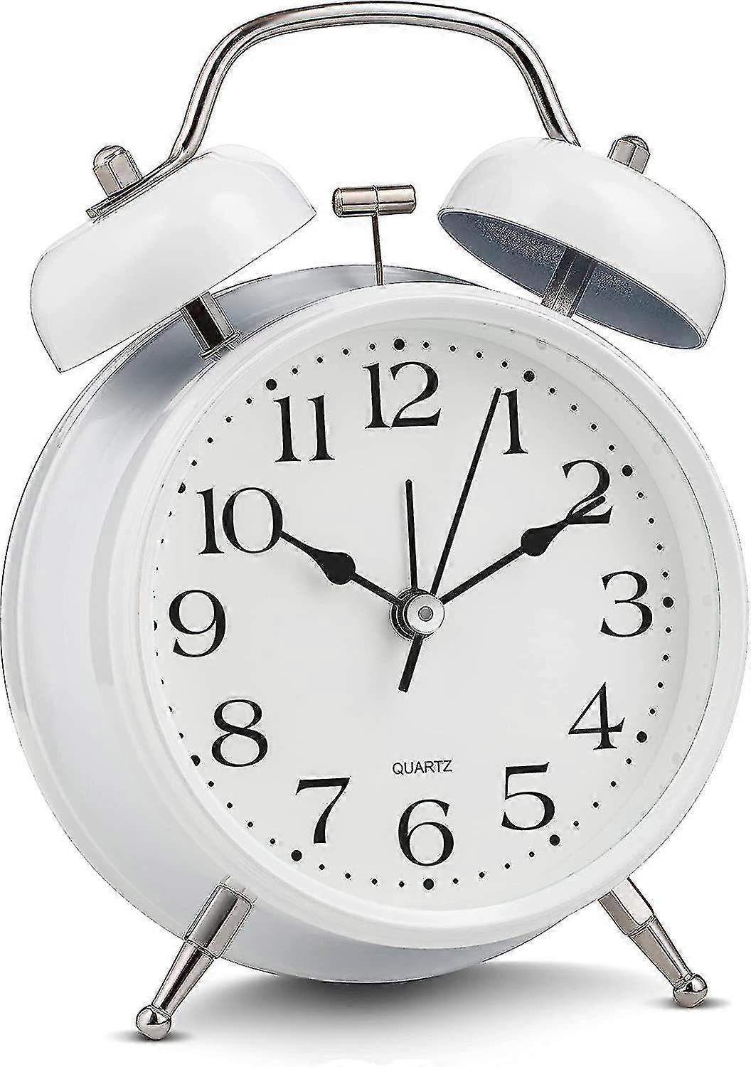 Analog Alarm Clock Extra Loud Twin Bells Retro White Silent Non-ticking Quartz Battery Operated With Backlight, Decorative Bedside Table Desk Vintage