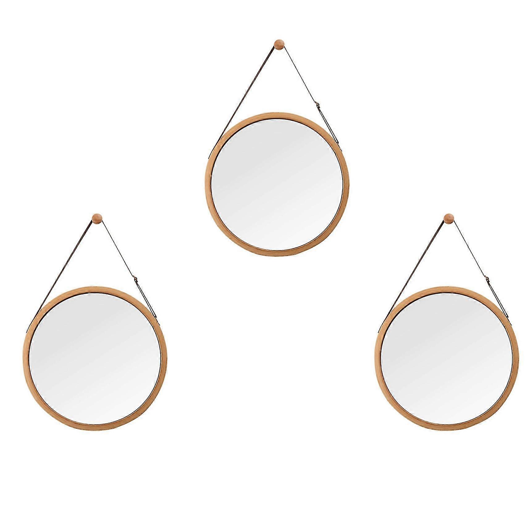 3x Hanging Round Wall Mirror In Bathroom & Bedroom - Solid Bamboo Frame & Adjustable Leather Strap