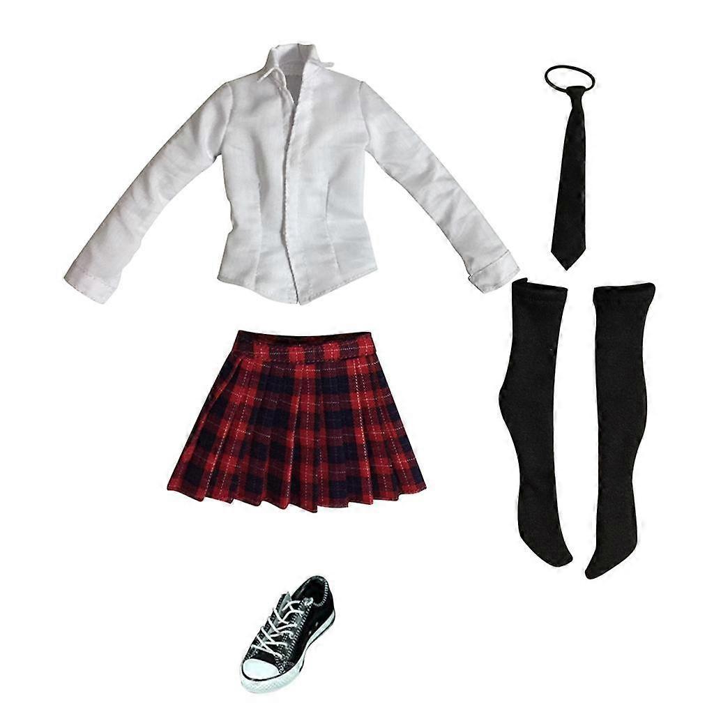 1/6 Elev Uniform Skjorte Nederdel Lærredssko til 12" Kvinde Rød + Sort