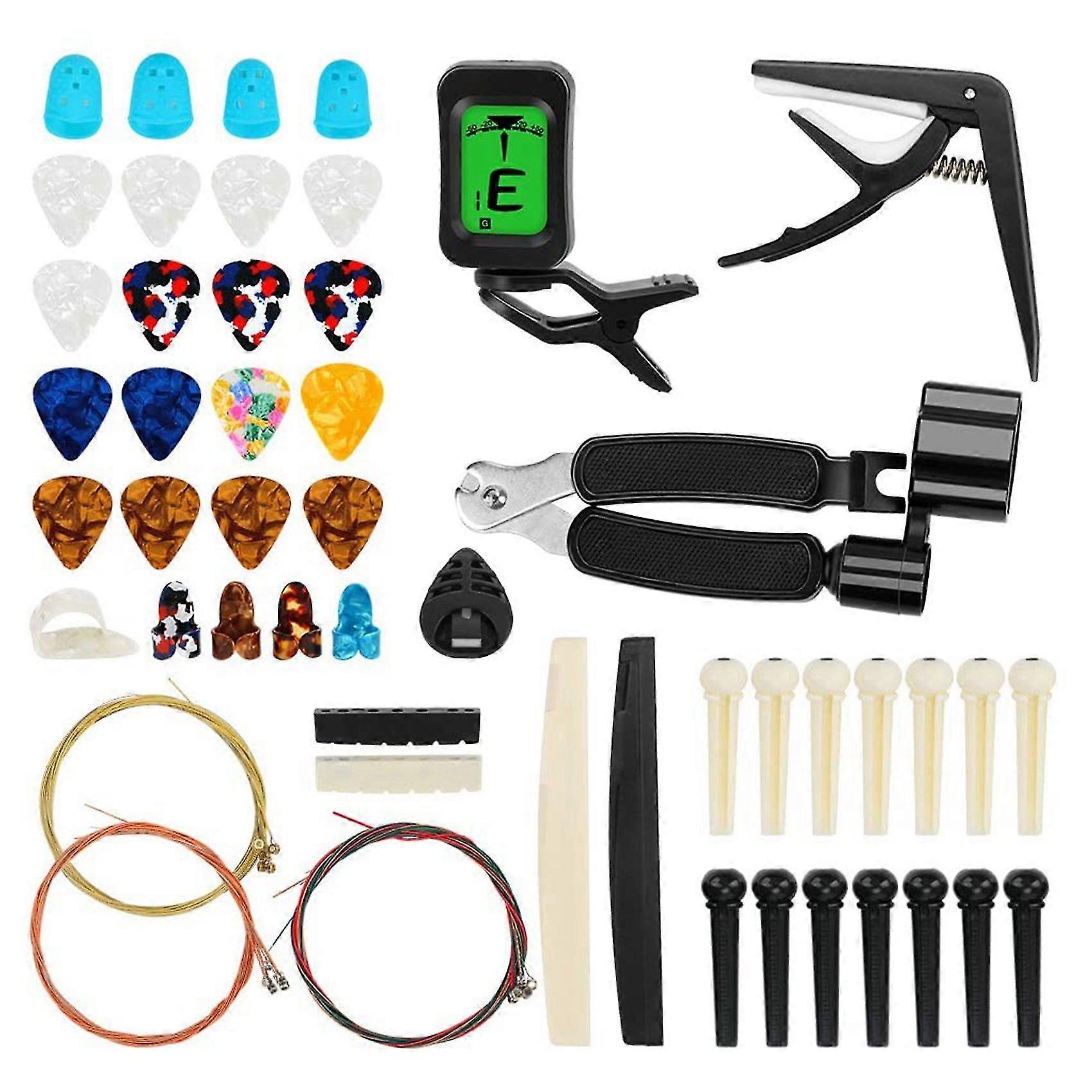 65 PCS Guitar Accessories Kit with Guitar Strings, Tuner, Capo, Picks, Pick Holder, Thumb Finger Pi