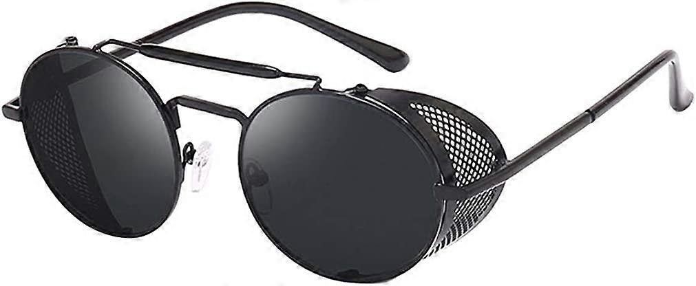 Aiyuego Unisex SteamPunk Sunglasses Classic Retro Style Metal Round Goggle Black Frame Grey Lens