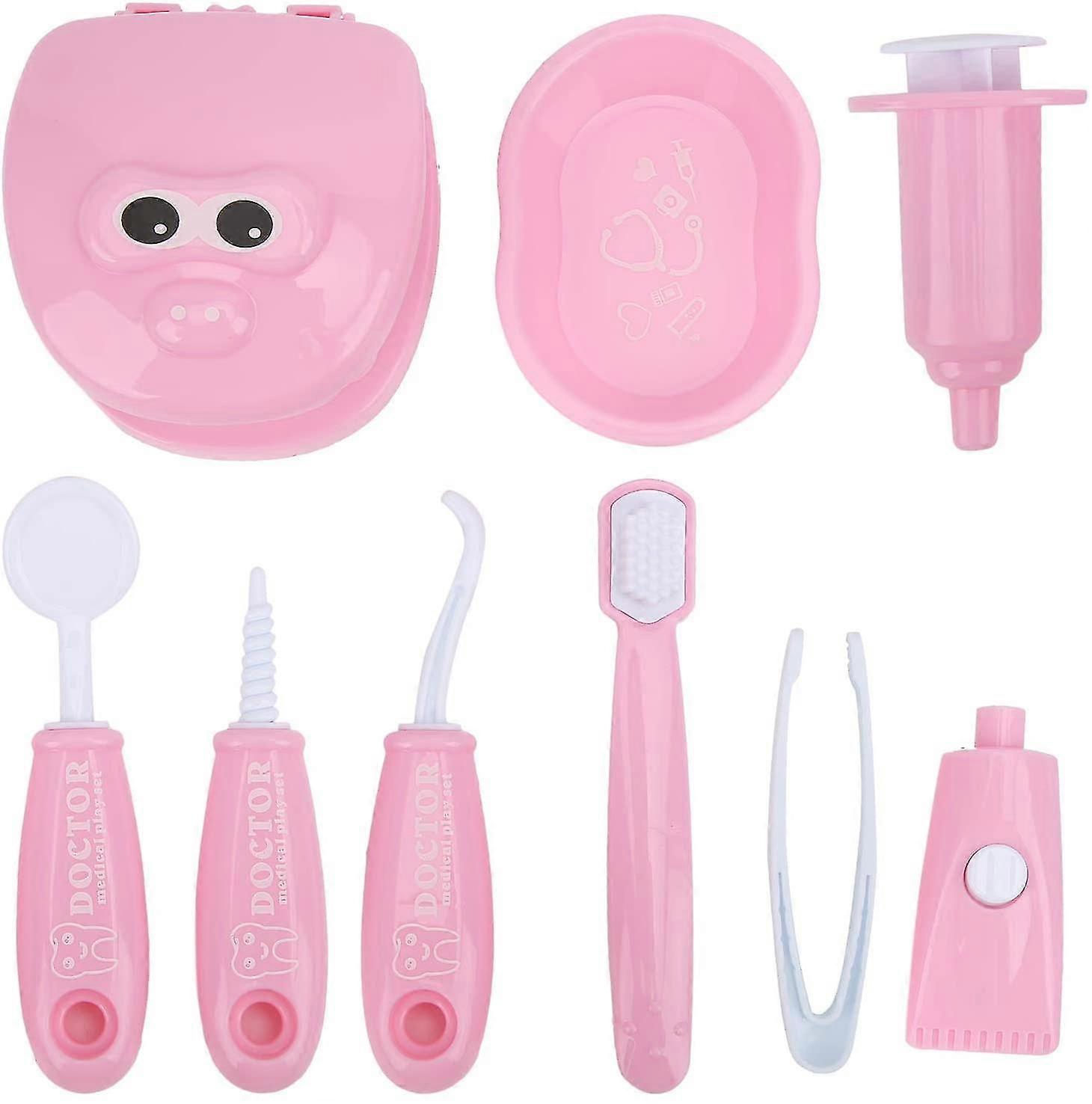 9 قطع التظاهر باللعب مجموعة أدوات طبيب الأسنان ، لعبة تعليمية ، وردي