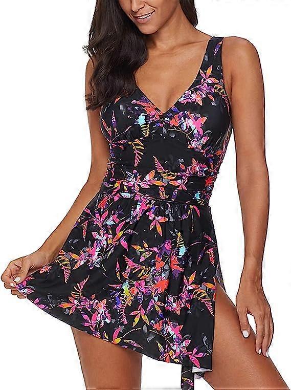 XL, Fleurs NoiresFemmes Une Pièce Tankini Maillot De Bain Col V Imprimé Floral Rembourré Maillots De Bain Fente Maillot De Bain