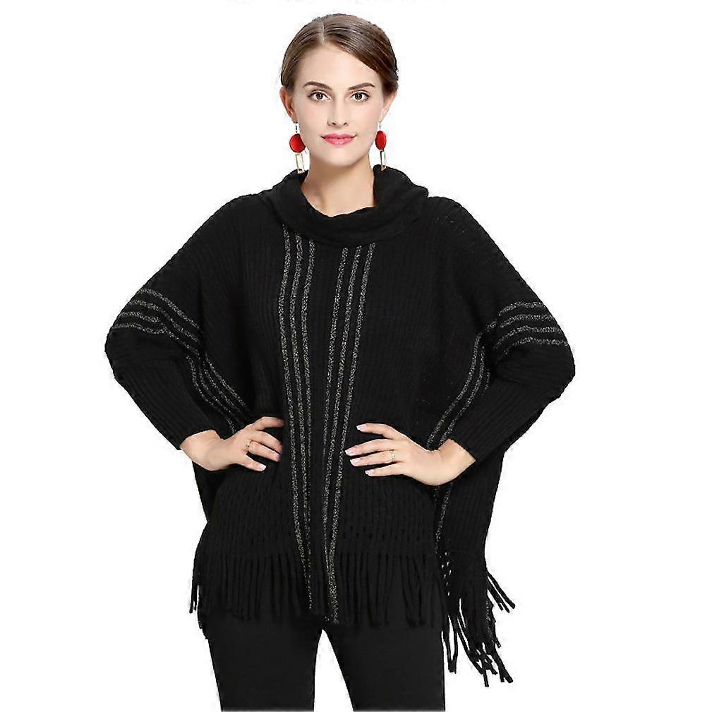 Black Pullover Cape Fringed Hem Batwing Blouse Winter Cape for Lady