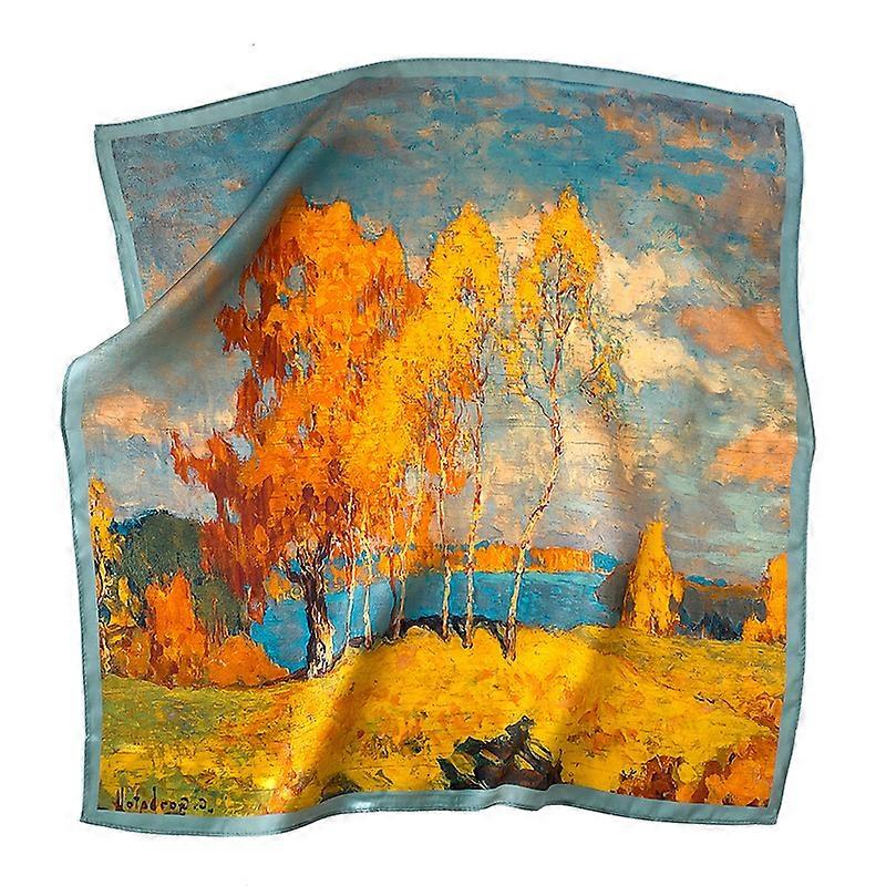 Ladies Silk Scarf Small Oil Painting Print Mulberry Silk Neck Scarf Vintage Neckerchief for Women Girls, 53x53cm