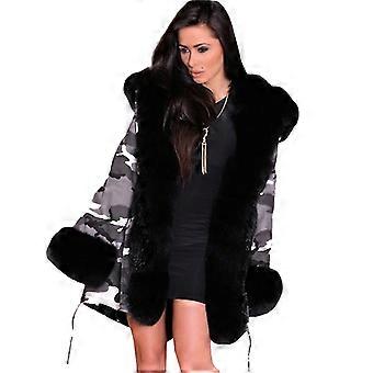 Women Camo Faux Fur Lined Coat Hooded Parka Jacket