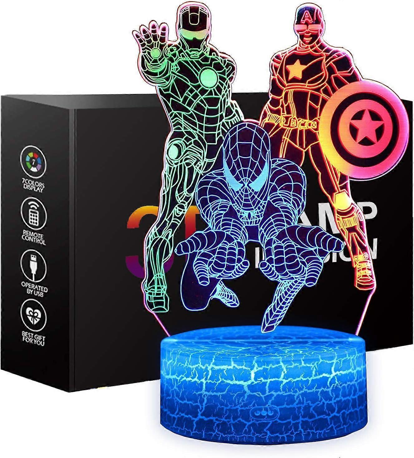 Spiderman Night Light for Kids, 3D Illusion, Touch Control, Dynamic Colors, 3 Pattern Changing, Kids Toys Captain America Iron Man Gifts for Men Boys