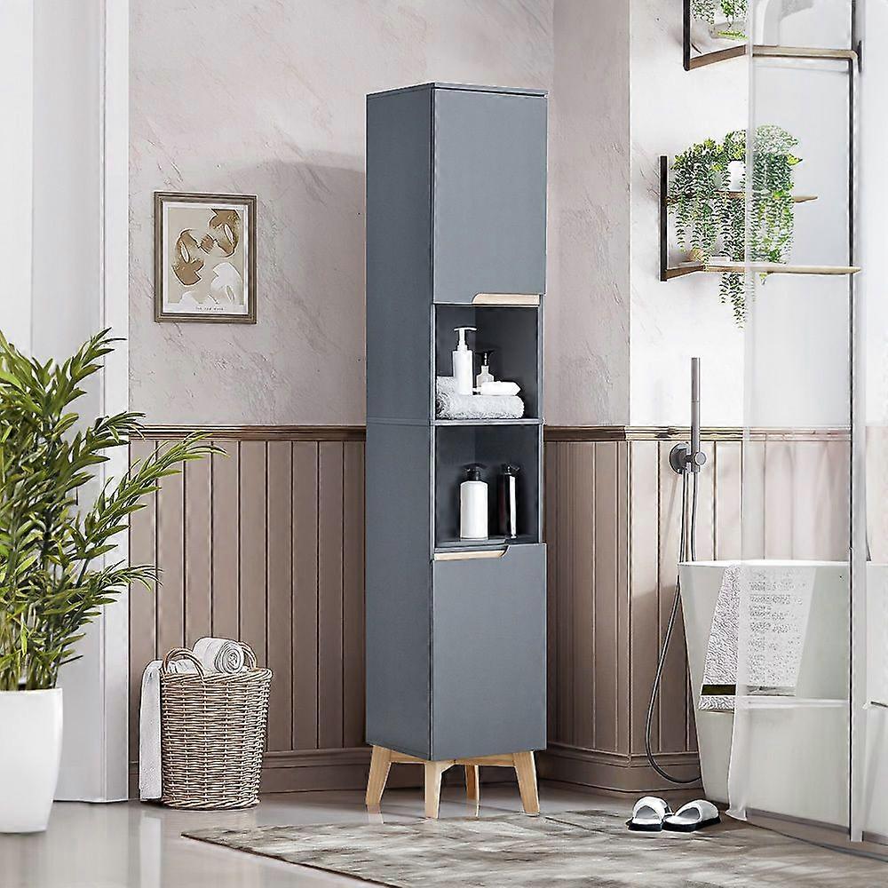 Grey Tall Bathroom Cabinet with Solid Wood Legs