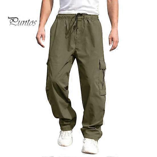 Men Cargo Pants Multi Pockets Drawstring Elastic Waist Solid Color Loose Wide Leg Straight Soft Streetwear Full Length Men Long