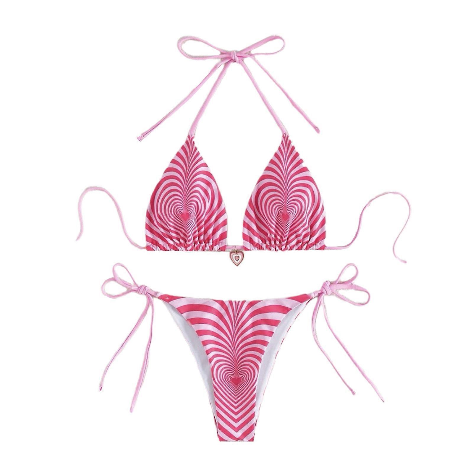 Femmes Bikinis Laçage Coloré Imprimé Maillots De Bain String Maillots De Bain Sexy Petite Poitrine Froncé Maillot De Bain Wrap Maillot De Bain Rose S