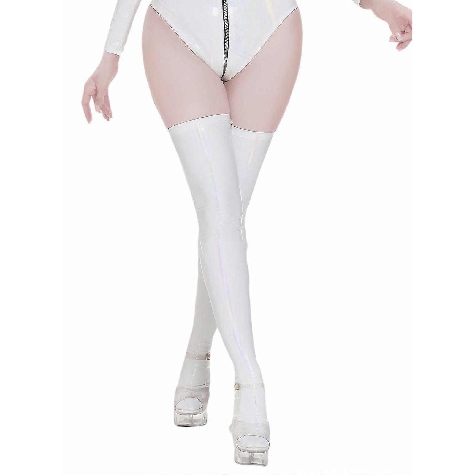 Olje Glanset Over kneet Sokker Dame Imitert Lær Lår Høye Strømper Halloween Cosplay Kostymer Strømpebukser Gaver Hvit XL