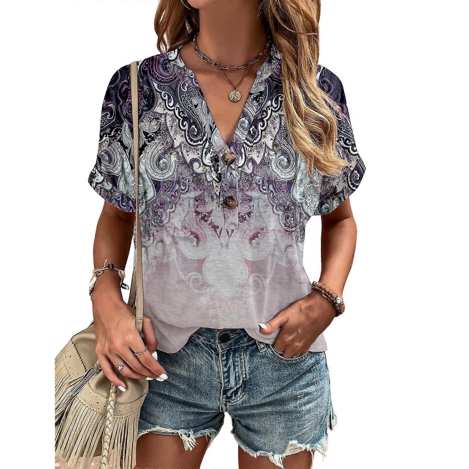 Women Summer Roll-Up Short Sleeve Loose Fit T-Shirt Button Front V