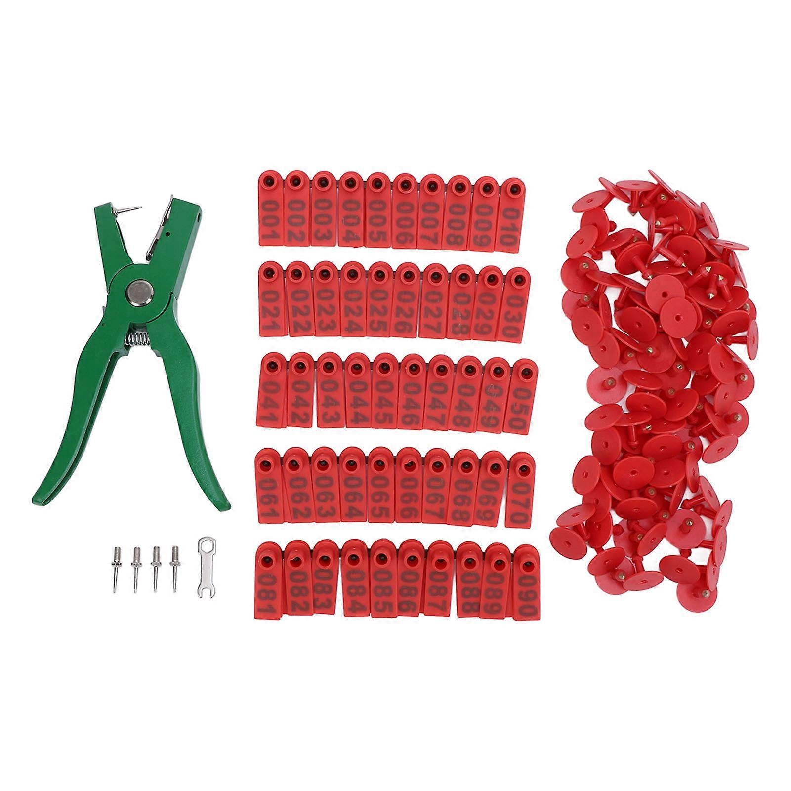 Livestock Ear Tag Applicator Kit Green Cattle Ear Tagger Red Tages and 2PCS Needles