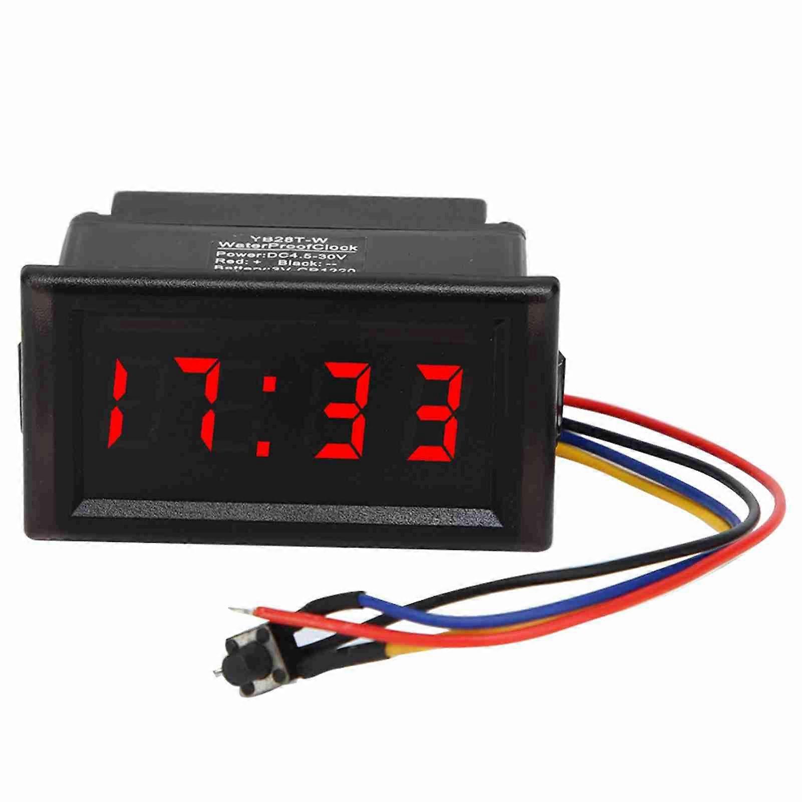 LED Digital Car Clock DC4.5-30V Waterproof Dustproof Electronic Display, Red Backlight for Auto Dashboard, Universal 12V 24V