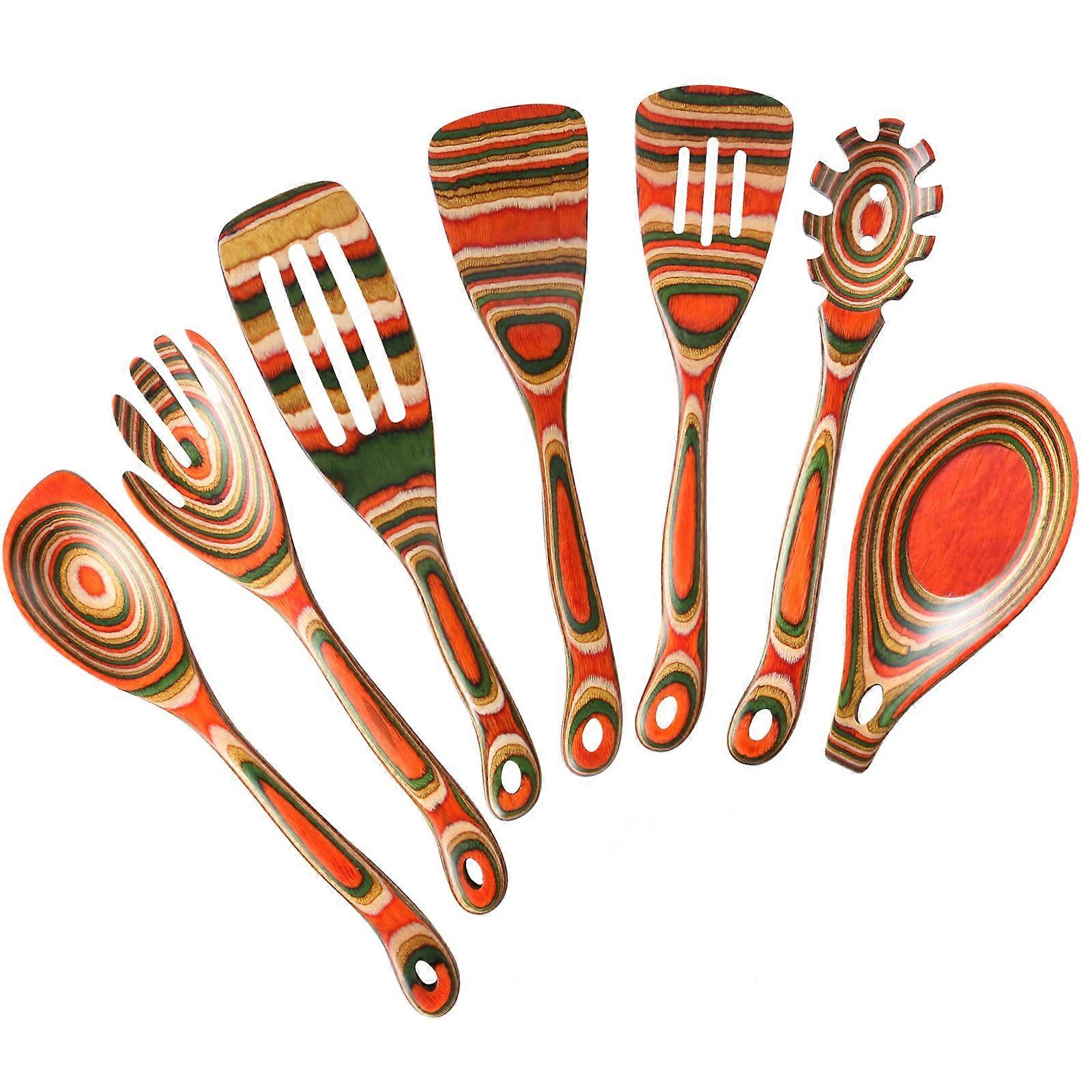Kitchen Utensils Set 7 Pcs Pakkawood Cooking Spoons Spatulas with Spoon Rest Safe for Non-Stick Cookware Colorful Design