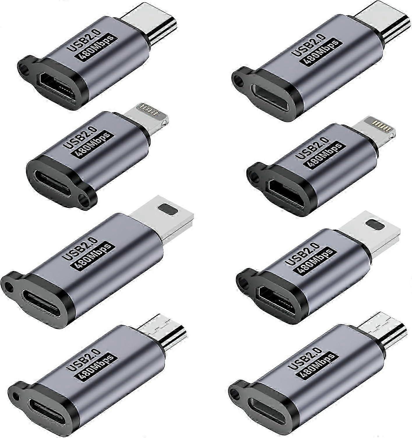 8 balení Lightning na USB C adaptér, Micro USB, Mini USB samice na samec USB 2.0 pro smartphony