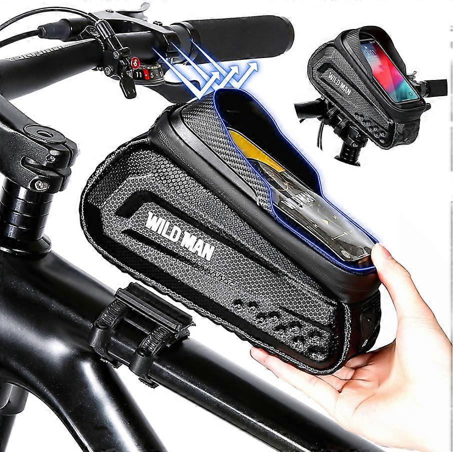 Frame bag bicycle waterproof, large-volume bicycle bag frame, touchscreen handlebar bag top tube bag bicycle with quick release and sun visor(Black)