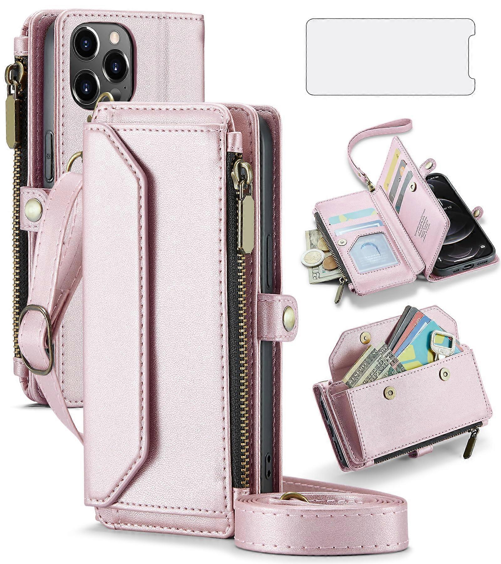 Phone Case for iPhone 12 Pro 6.1 with Zipper Wallet, Tempered Glass Screen Protector, RFID Blocking Card Holder, Rose Gold