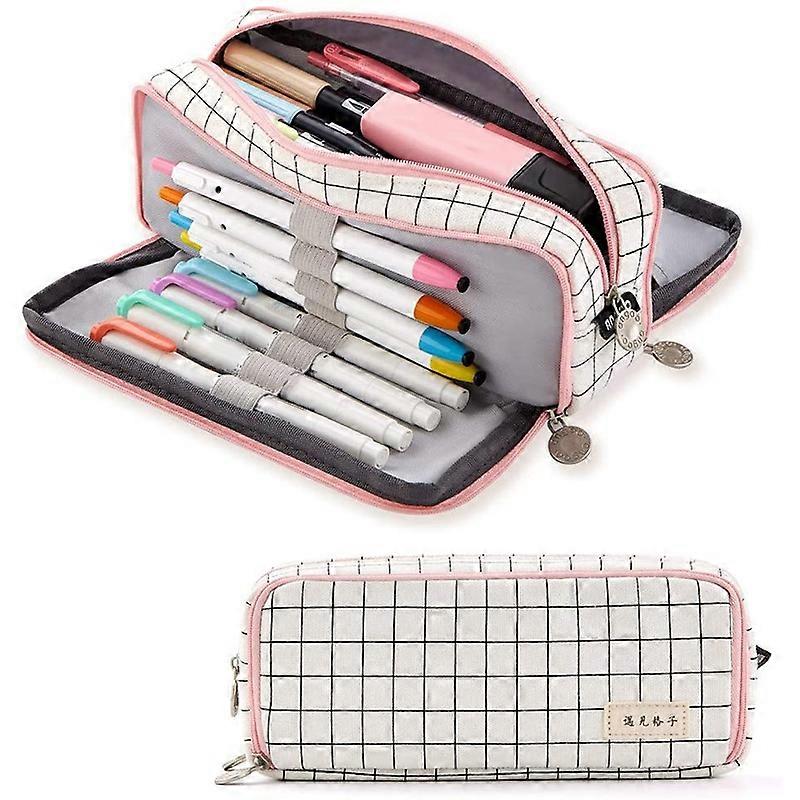 Large Pencil Case Big Capacity 3 Compartments Canvas for Teen,A