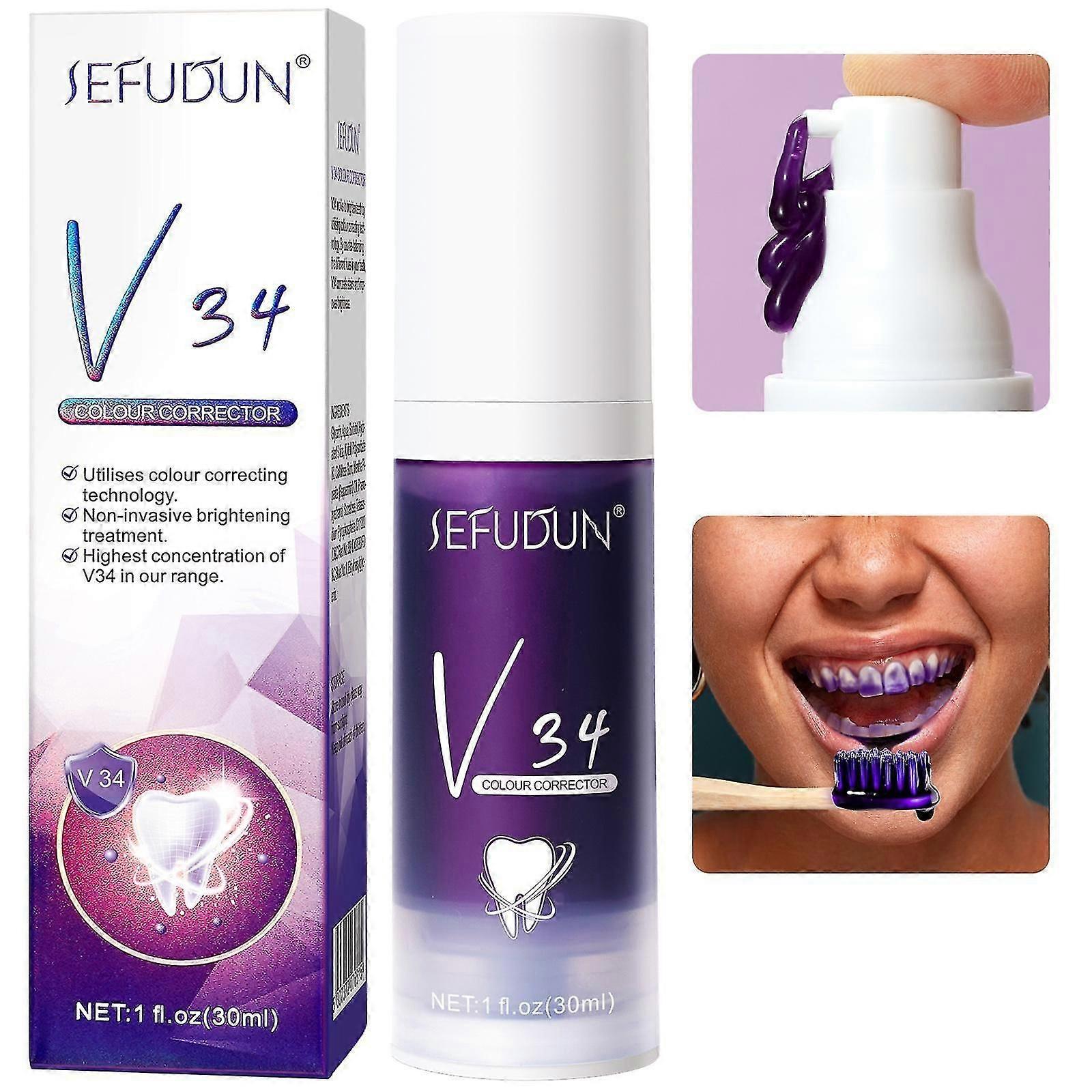 V34 Color Tooth Correction Whitener Dents Violet Blanchissant Non-invasif Dentifrice 30ml