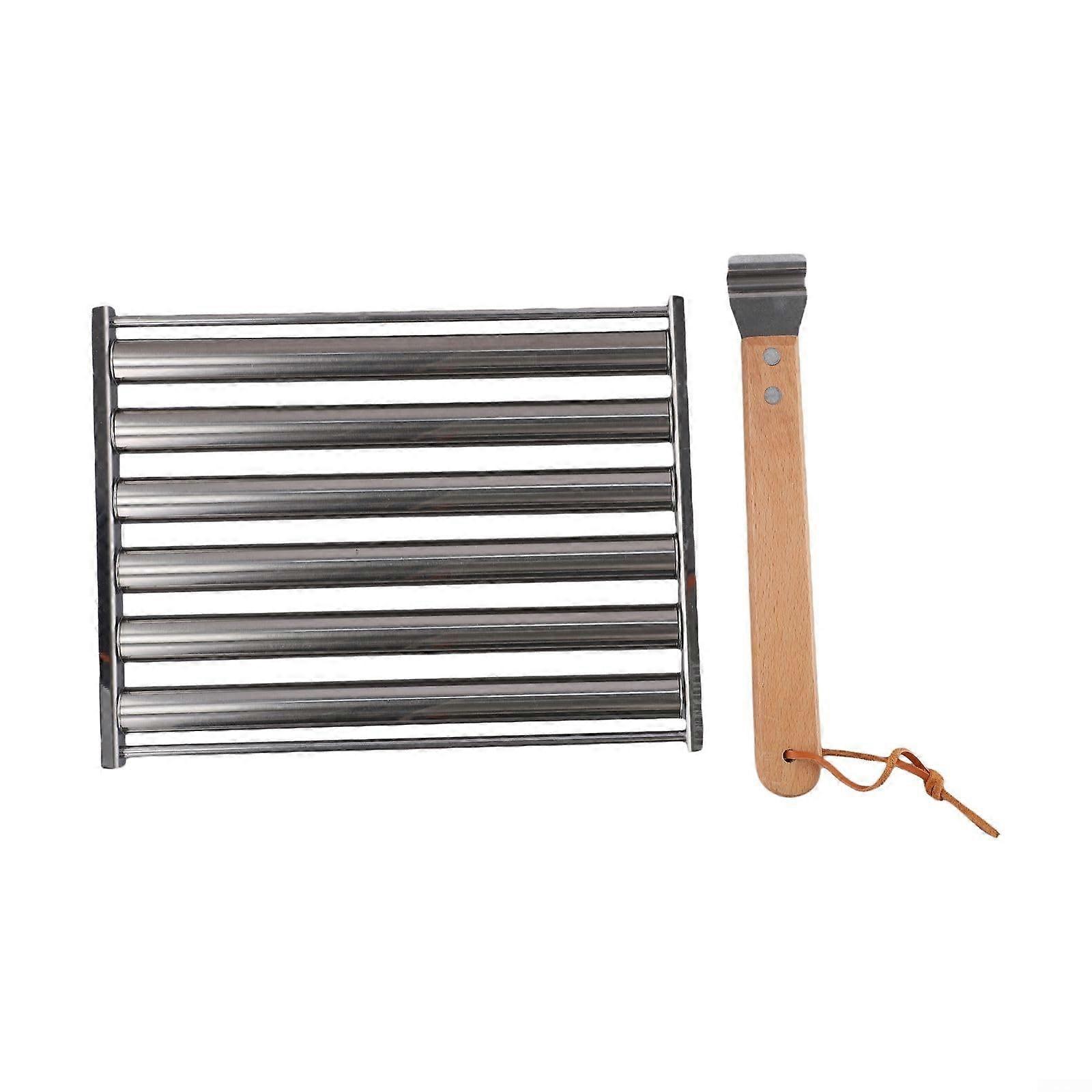 Maximize your grilling fun with the efficient roll design of this hot dog rack (C).