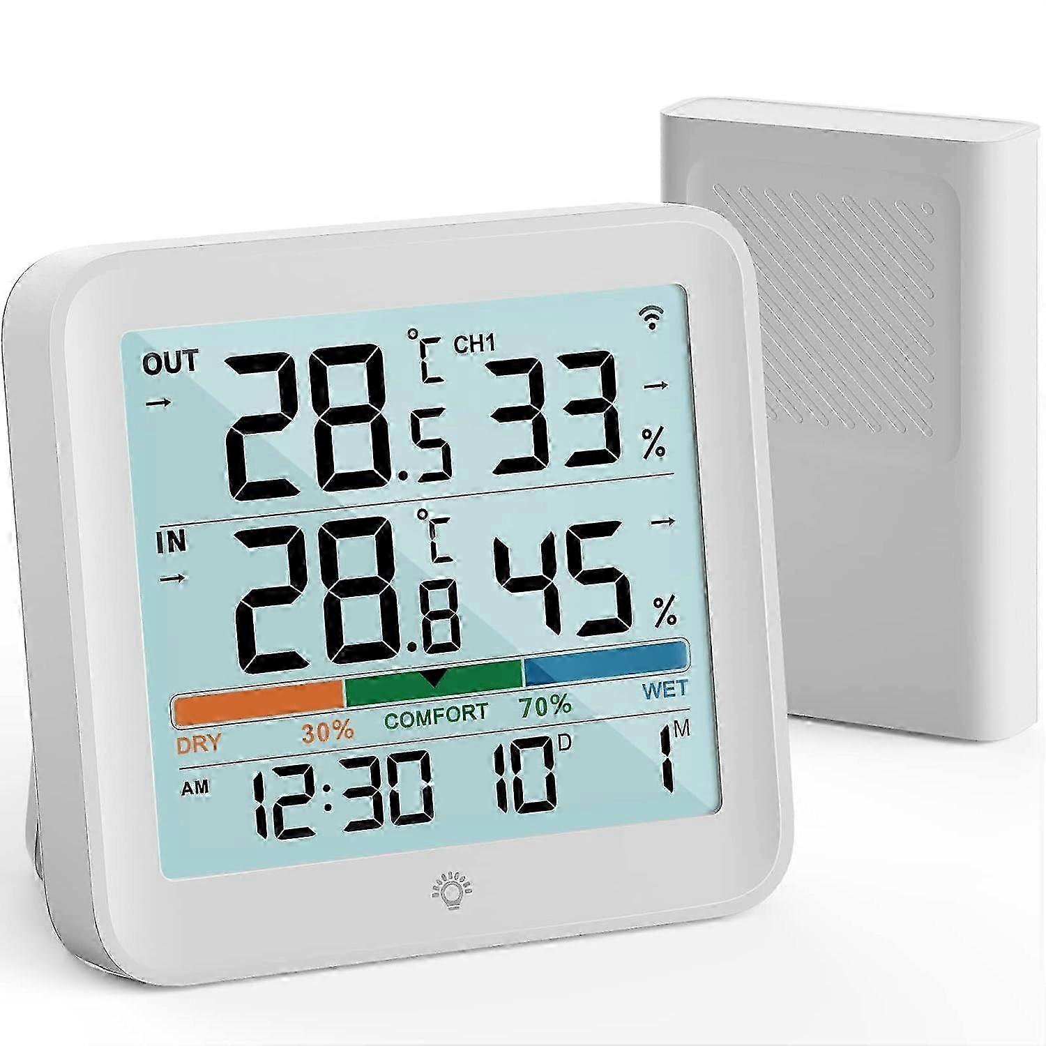 Wireless Weather Station Hygrometer for Indoor and Outdoor Use with Outdoor Sensor and Clock, Digital Room Thermometer with Backlight and Ai