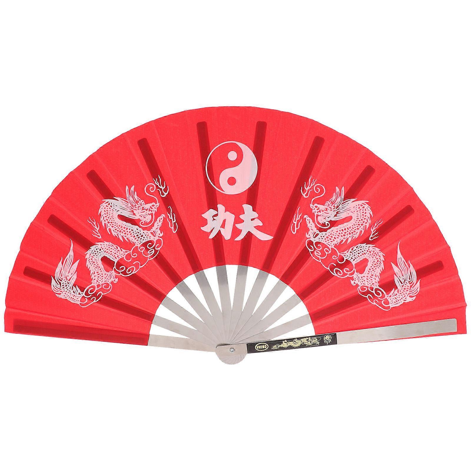 Chinese Style Folding Fan Decorative Performance Fan Red Nylon Material 1Set
