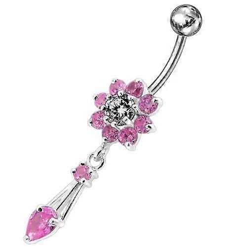 Jewelled Fancy Flower Dangling Ss Banana Bar Navel Ring
