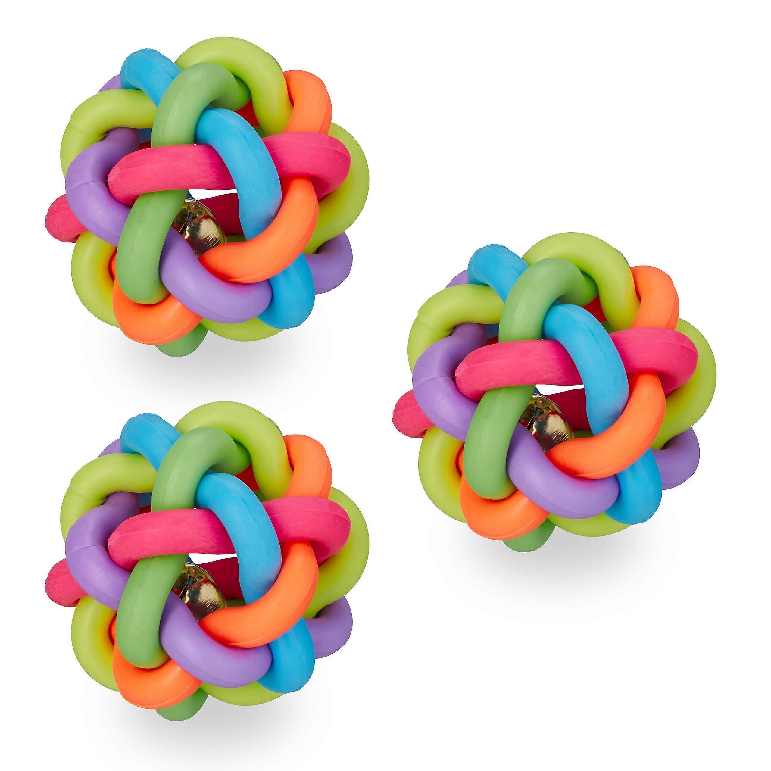 Dog Toy Ball, Set of 3, Rubber Ball with Bell, Cat Ball, Diameter 6.5 cm, Knot Ball, Dog, Chew Toy, Colourful