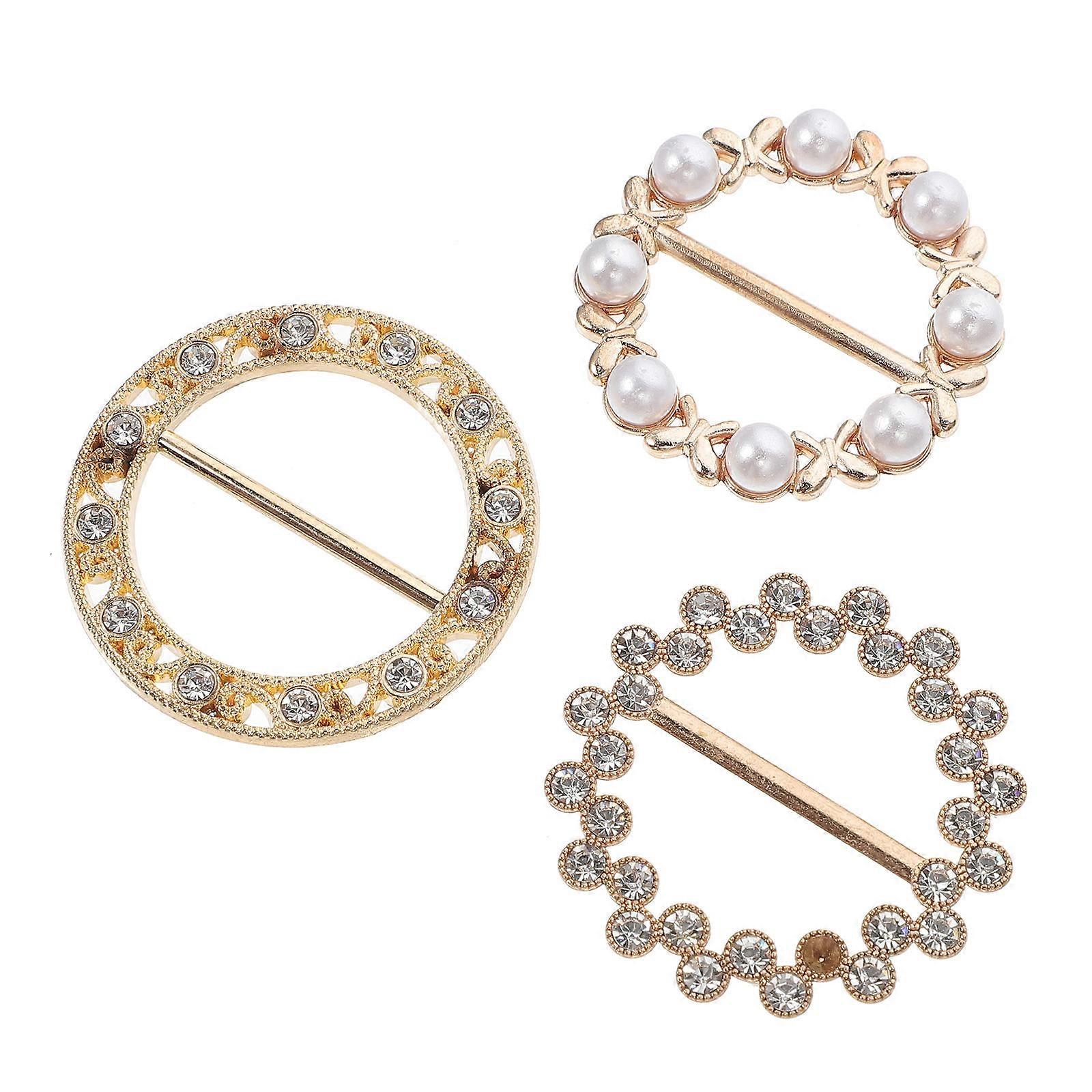 Scarf Buckle with Rhinestone Delicate Fastener for Decor Golden Zinc Alloy 3pcs