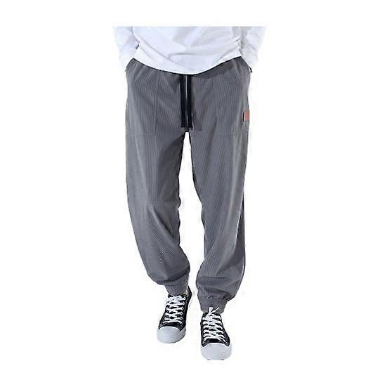 Men Spring Fall Pants with Side Pockets Drawstring Elastic Waist Straight Leg Thick Corduroy Solid Color Loose Sport Trousers