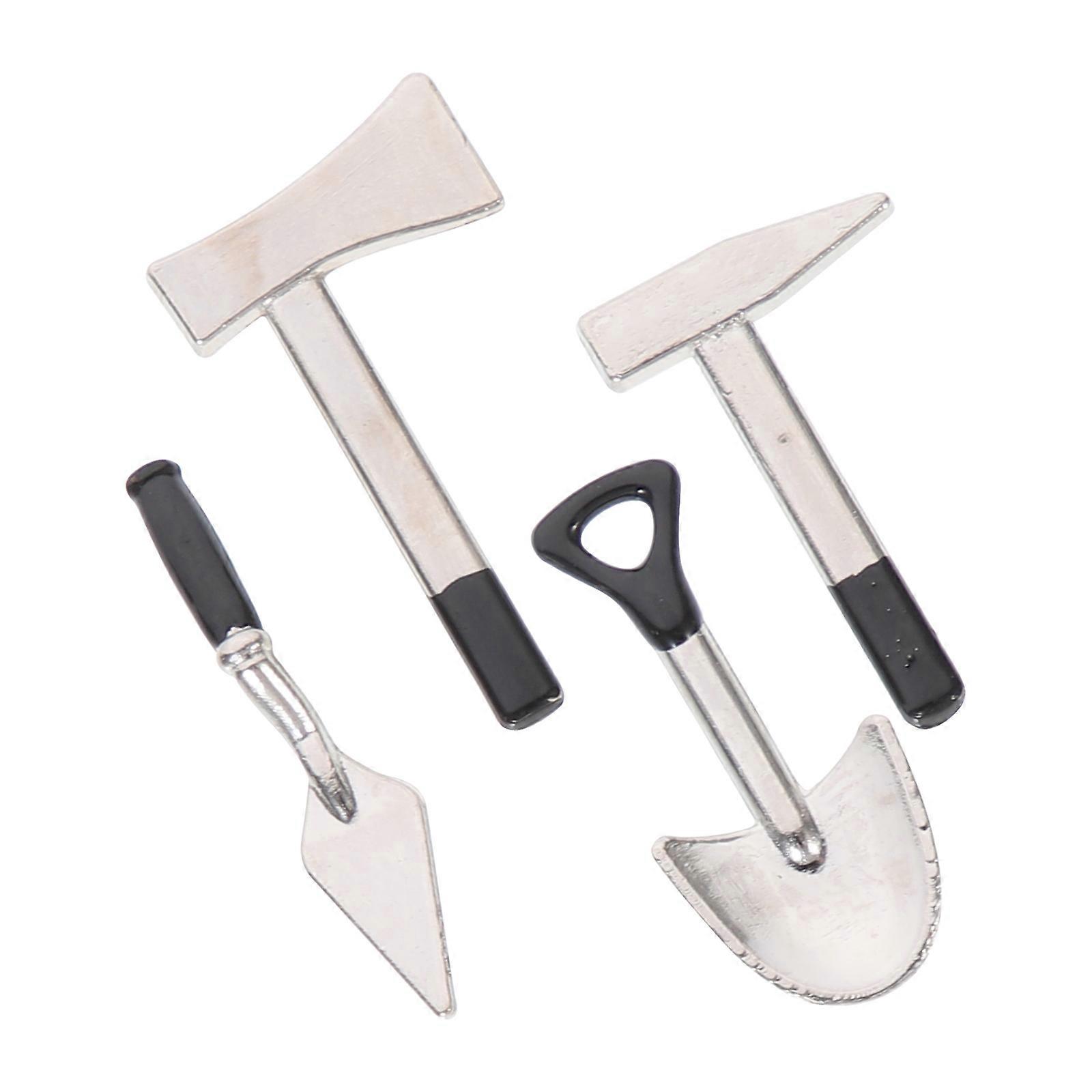 Miniature Garden Tool for Doll House Decoration with Alloy Material Silver Color Great for Home Use 4Pcs