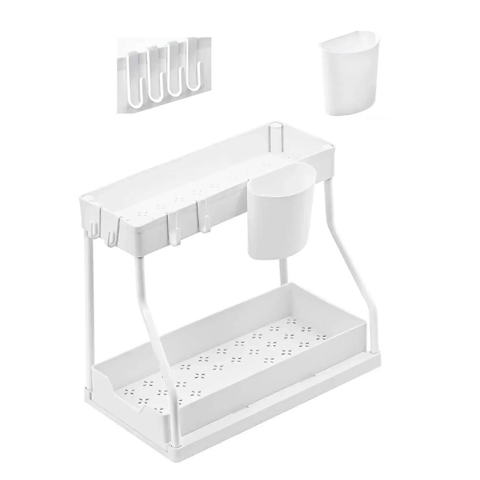 Under Sink Two Layer Sliding Storage Rack For Kitchen And Bathroom Organization Easy Access Durable Plastic Stand  White