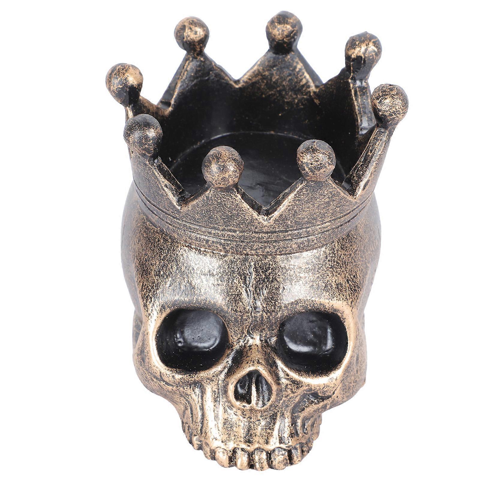 Resin Skull Candle Holder with Crown Design, Compact Halloween Style for Home, Bar, Restaurant Decor, Space Saving Gothic Ornament
