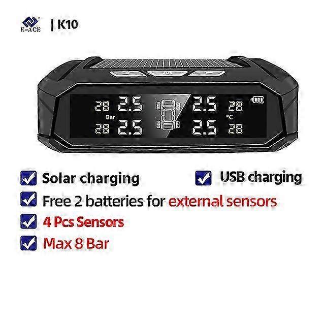 E-ACE K10 Solar TPMS Car Tire Pressure Alarm Monitor System Tyre Te...