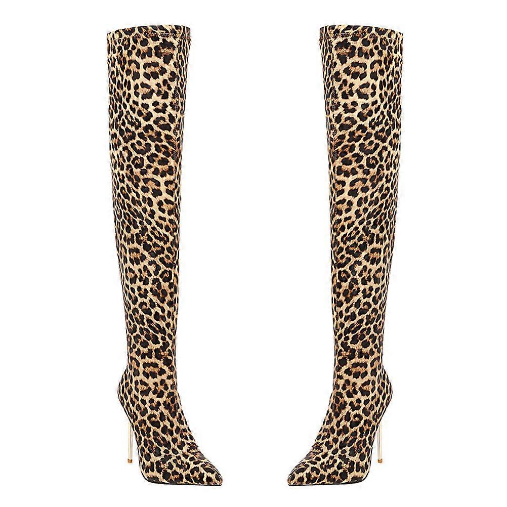 Women Boots Thigh High Long Boot Autumn Winter Cold Weather Leopard Color with Pu Surface Anti-Skid Rubber Sole 1 Pair