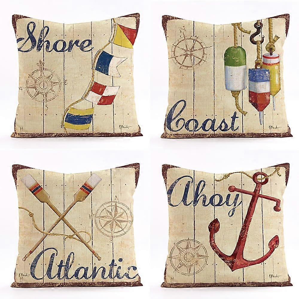 Cushion Covers 45 x 45 cm Set of 4 Nautical  Wheel Linen Decorative Square Pillow Cases for Sofa Couch