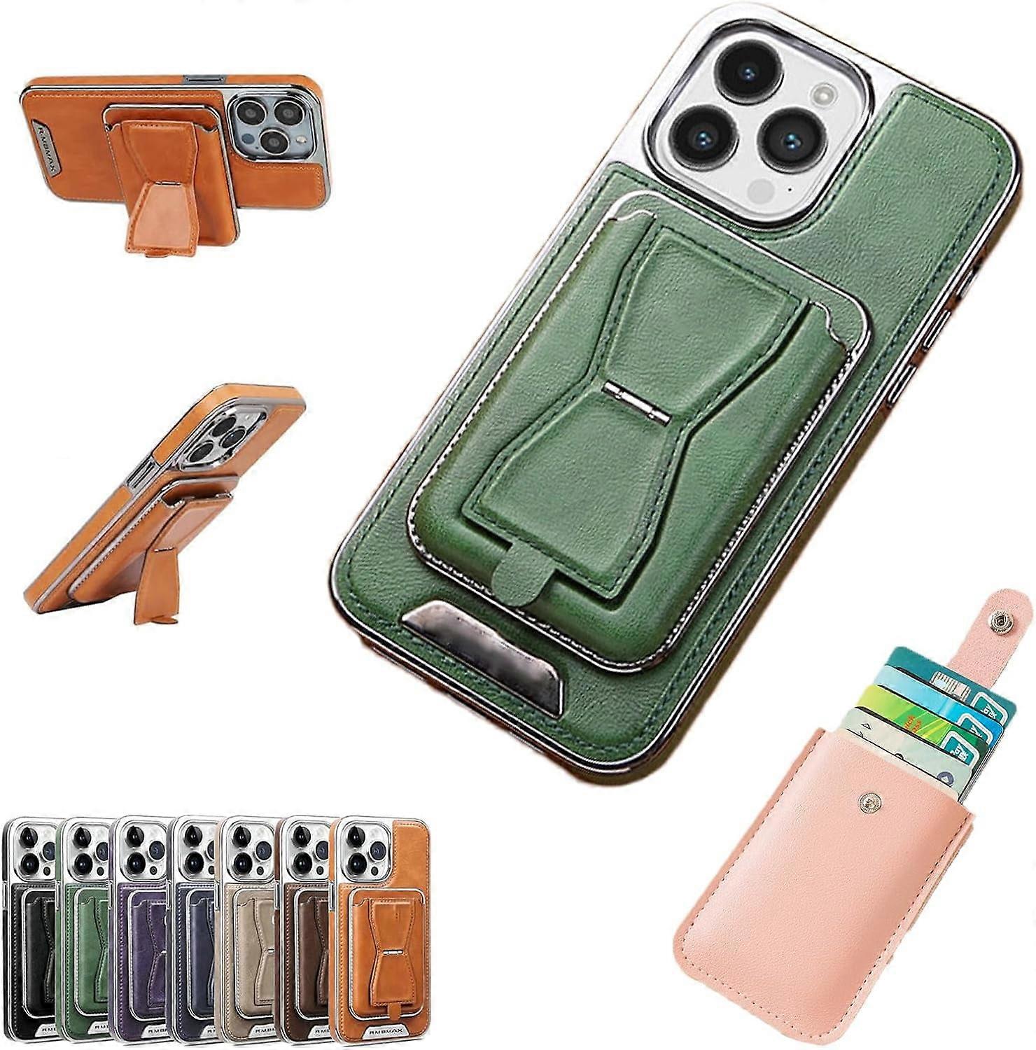 Symmetry Luxury Leather Case compatible with iPhone 14 Pro, Magnetic Card Holder Case with Removable Tape (Green)