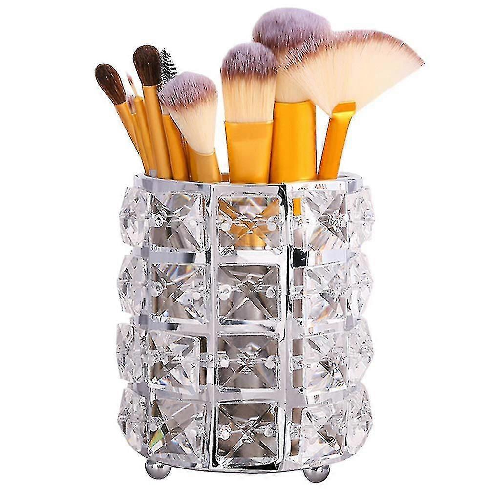 Silver Crystal Makeup Brush Holder Organizer, Handcrafted Cosmetics Brushes Cup Storage Solution