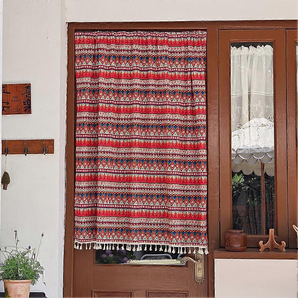 French Door Window Curtains Boho Tassel Red Geometric Farmhouse Curtain LightFiltering For Front Doors 140W x 70L cm