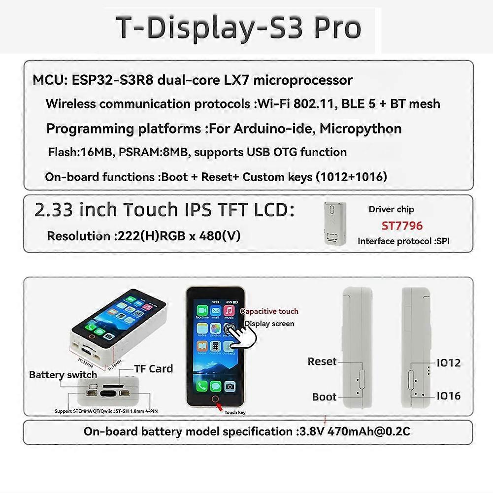 T-Display-S3-Pro fejlesztőkártya ESP32-S3 2,33 hüvelykes érintőképernyős LCD fejlesztőkártya modul Wi-Fi 802.11 BLE 5+BT Mesh D