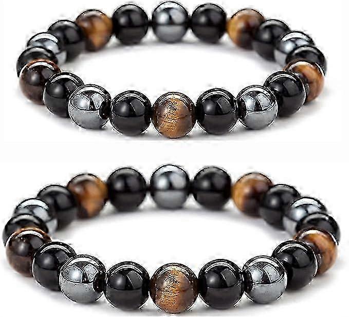 سوار حماية ثلاثي 2 قطعة أسود حجر السج عين النمر حجر الهيماتيت للجنسين سوار محظوظ 16 سم هدية مجوهرات من الحجر الطبيعي