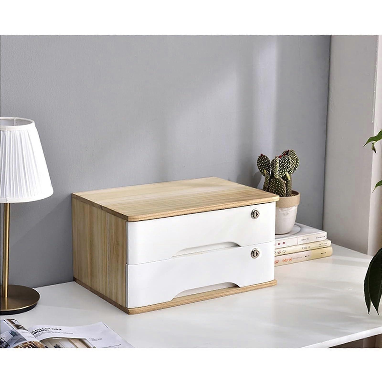 Solid Wood Drawer Storage Box with Lock for Office, Home & School Desktop Organization